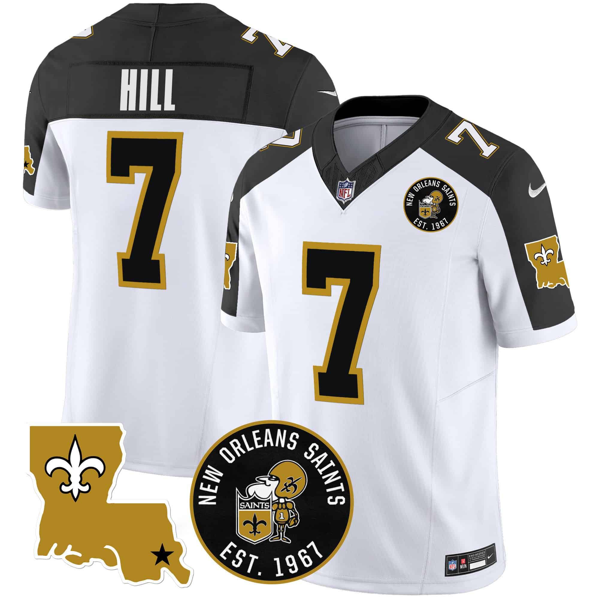 Men New Orleans Saints #7 Hill White 2024 Nike 1967 Patch Vapor Limited NFL Jersey style 1